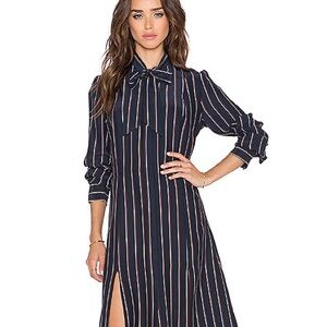 Frame Navy Blue Striped Silk Tie Neck Long Sleeve Midi Shirt Dress - Medium